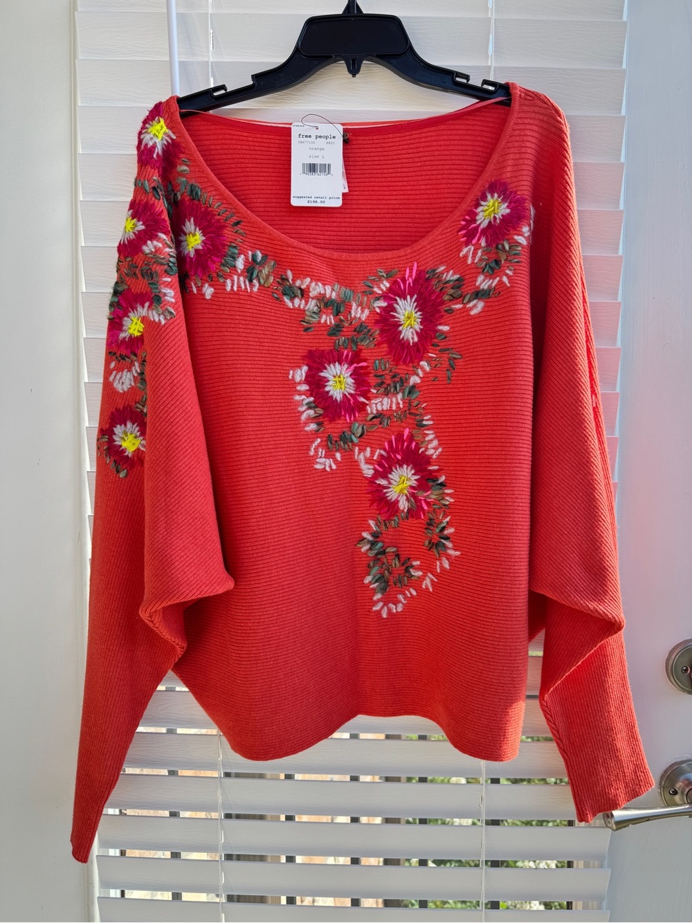 NWT Free People L Bouquet Floral Embroidered Dolman Batwing Sweater Orange $198 - Picture 3 of 12